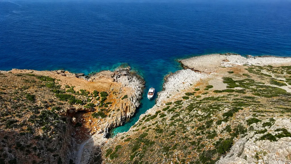 Steep cliffs, turquoise coves, and clear sea characterize Katholiko bay on the western coast of Crete.